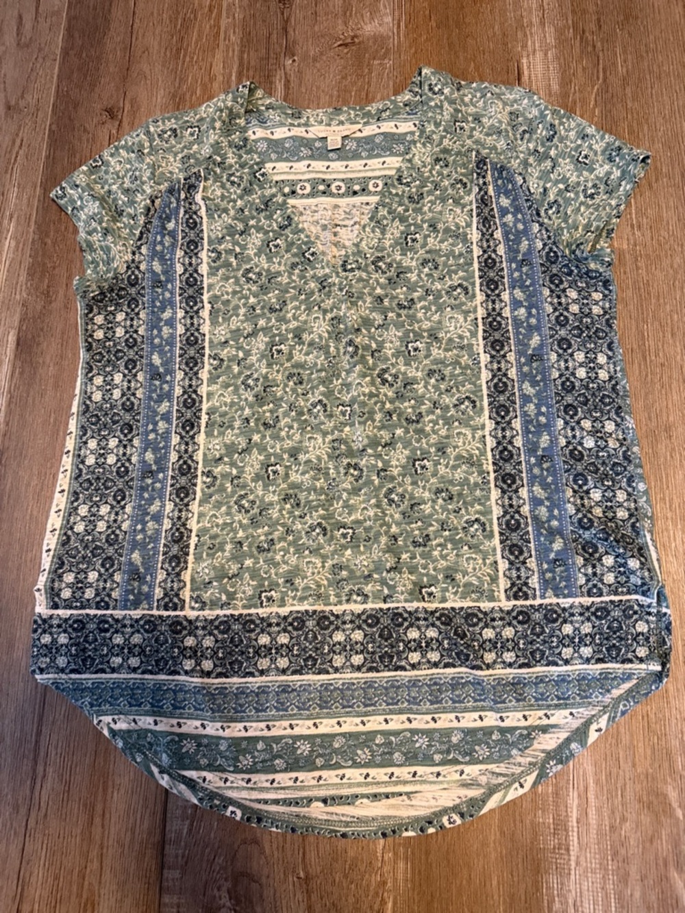 Women's Floral Patchwork V-Neck Top - Green & Blue